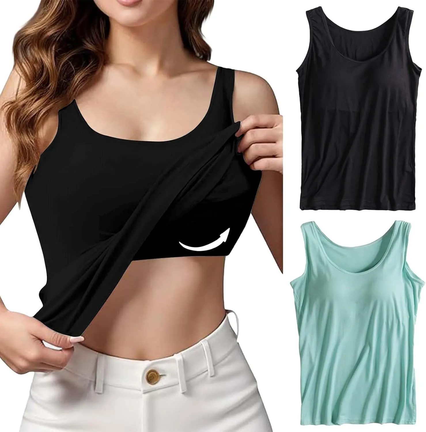 2 Pack Tank Tops for Women 2024 Cami Built in Bras Plus Size Shelf Bra Shirt Yoga Athleic Layering Undershirt
