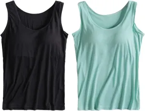 2 Pack Tank Tops for Women 2024 Cami Built in Bras Plus Size Shelf Bra Shirt Yoga Athleic Layering Undershirt