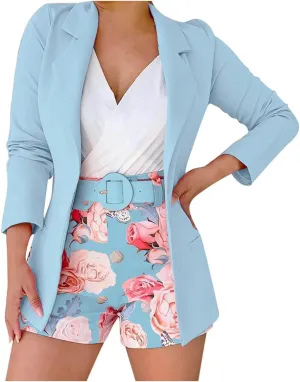 2 Piece Outfits Women Suits Set Long Sleeve Lapel Blazer and Floral Print Shorts Trendy Business Suit Sets with Belt
