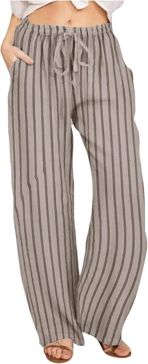 2025 Women Striped Wide Leg Pant Casual Drawstring Waist Pant Baggy Contrast Lounge Sleepwear Straight Leg Trouser