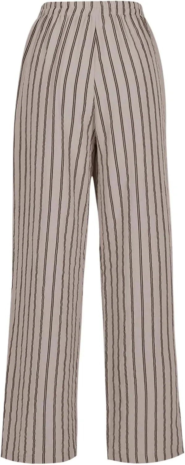 2025 Women Striped Wide Leg Pant Casual Drawstring Waist Pant Baggy Contrast Lounge Sleepwear Straight Leg Trouser