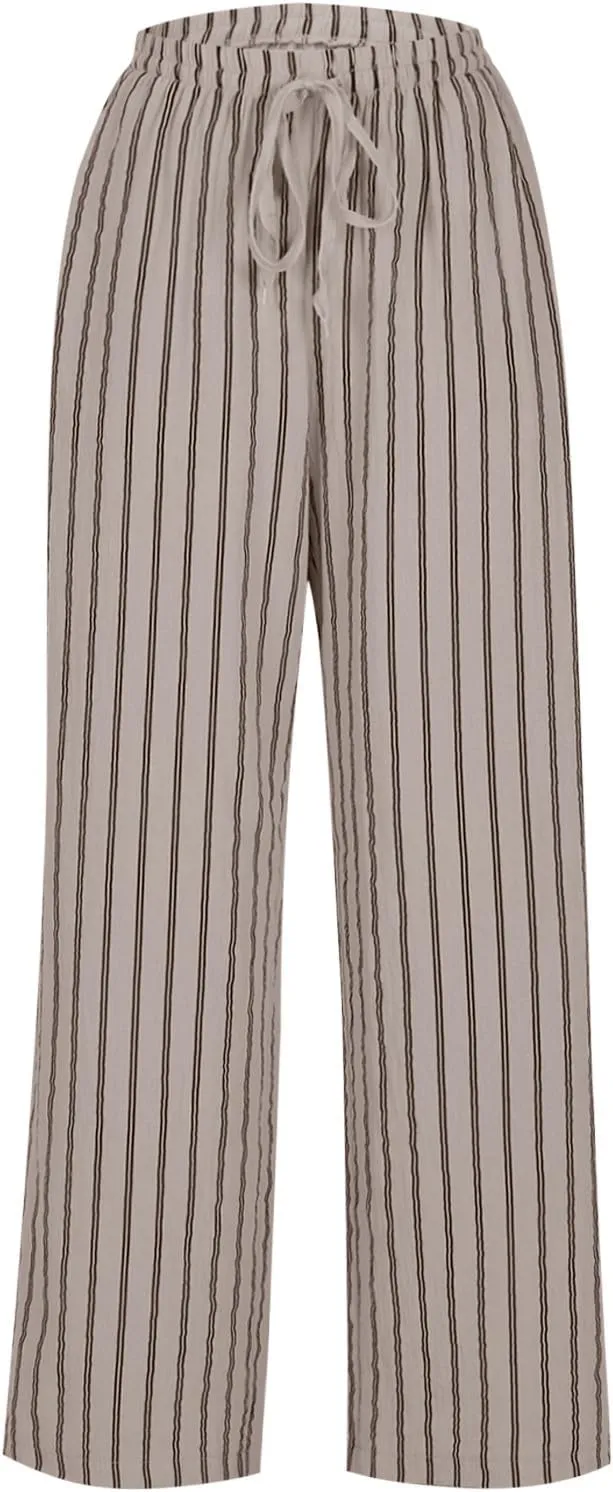 2025 Women Striped Wide Leg Pant Casual Drawstring Waist Pant Baggy Contrast Lounge Sleepwear Straight Leg Trouser