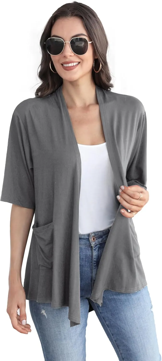 ADANIKI Womens Short Sleeve Open Front Lightweight Casual Comfy Long Line Drape Hem Soft Modal Cardigans Sweater