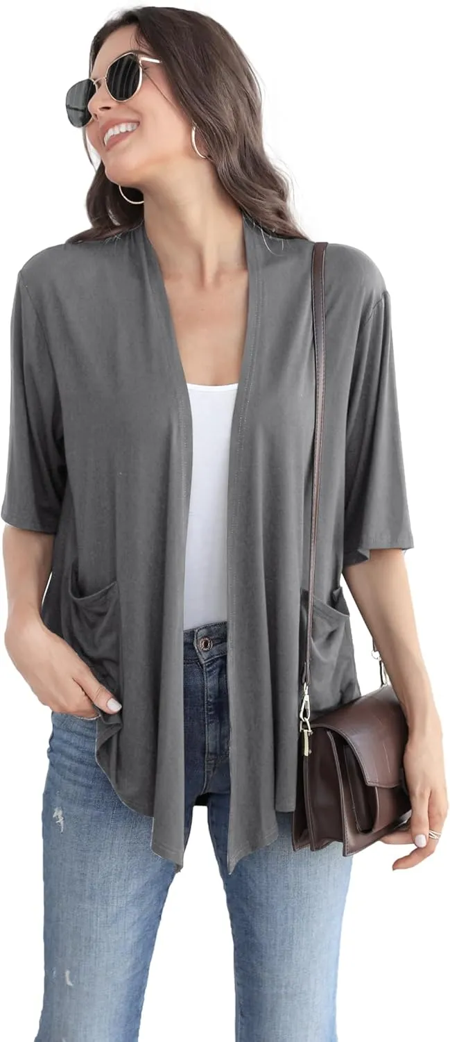 ADANIKI Womens Short Sleeve Open Front Lightweight Casual Comfy Long Line Drape Hem Soft Modal Cardigans Sweater