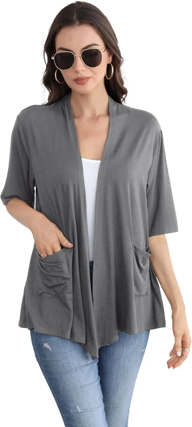 ADANIKI Womens Short Sleeve Open Front Lightweight Casual Comfy Long Line Drape Hem Soft Modal Cardigans Sweater