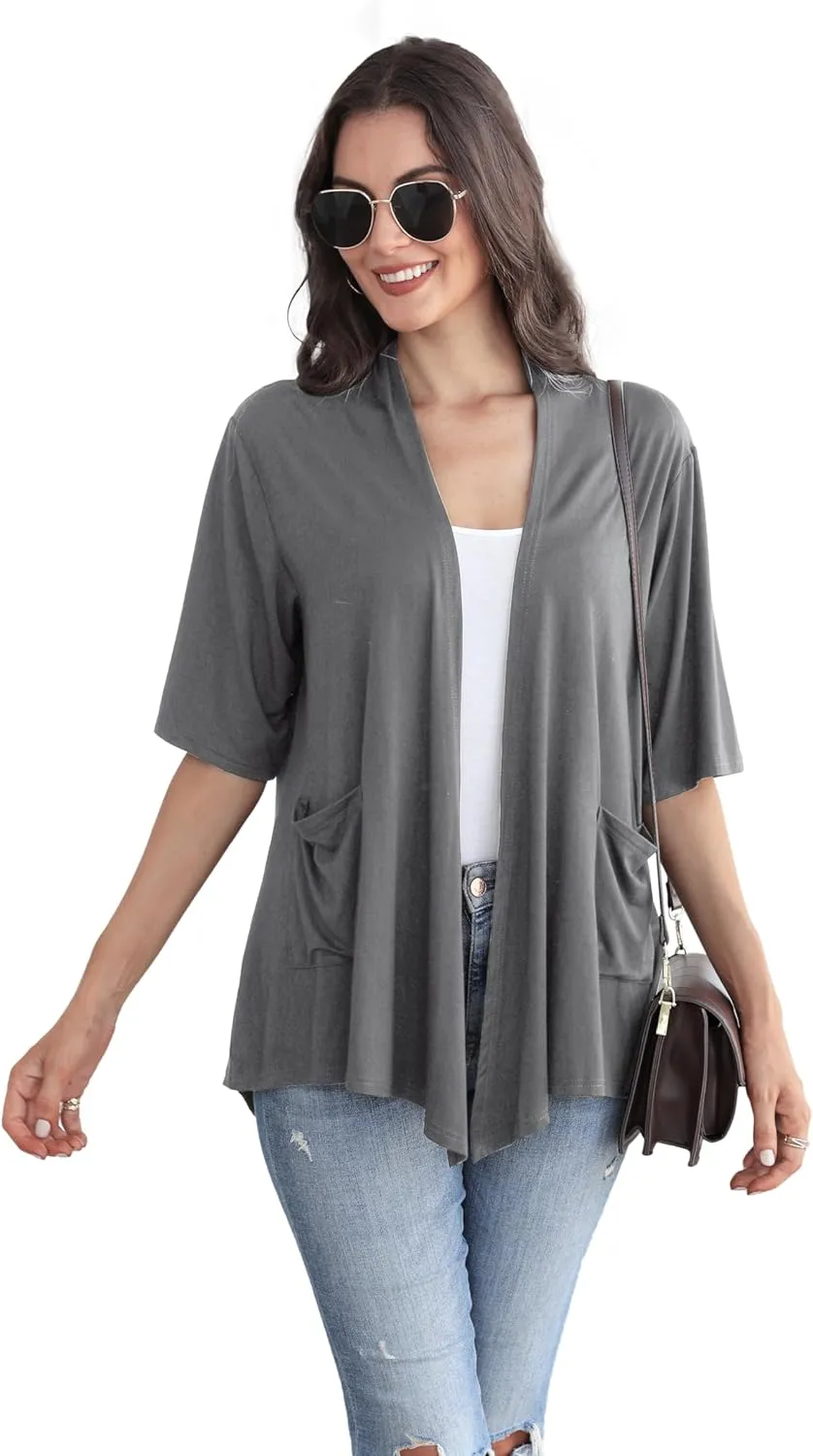 ADANIKI Womens Short Sleeve Open Front Lightweight Casual Comfy Long Line Drape Hem Soft Modal Cardigans Sweater