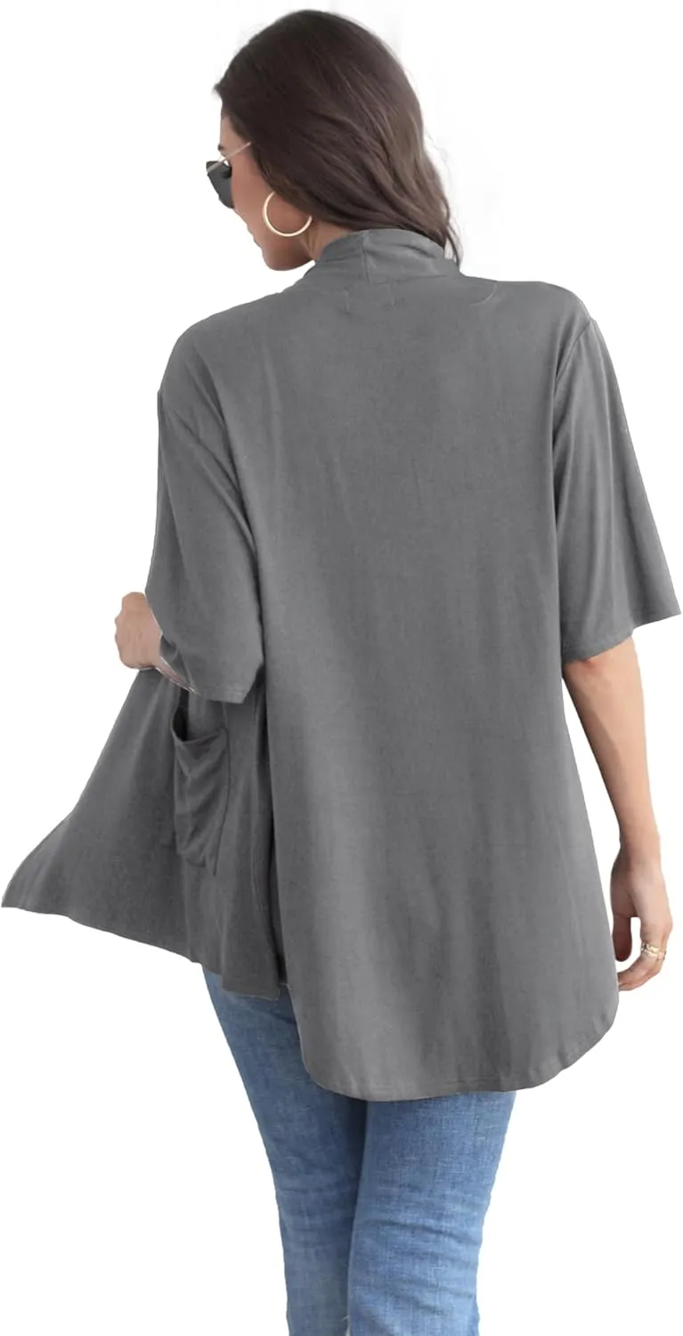 ADANIKI Womens Short Sleeve Open Front Lightweight Casual Comfy Long Line Drape Hem Soft Modal Cardigans Sweater