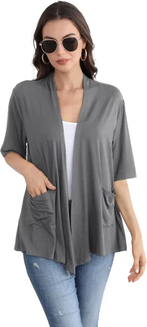 ADANIKI Womens Short Sleeve Open Front Lightweight Casual Comfy Long Line Drape Hem Soft Modal Cardigans Sweater