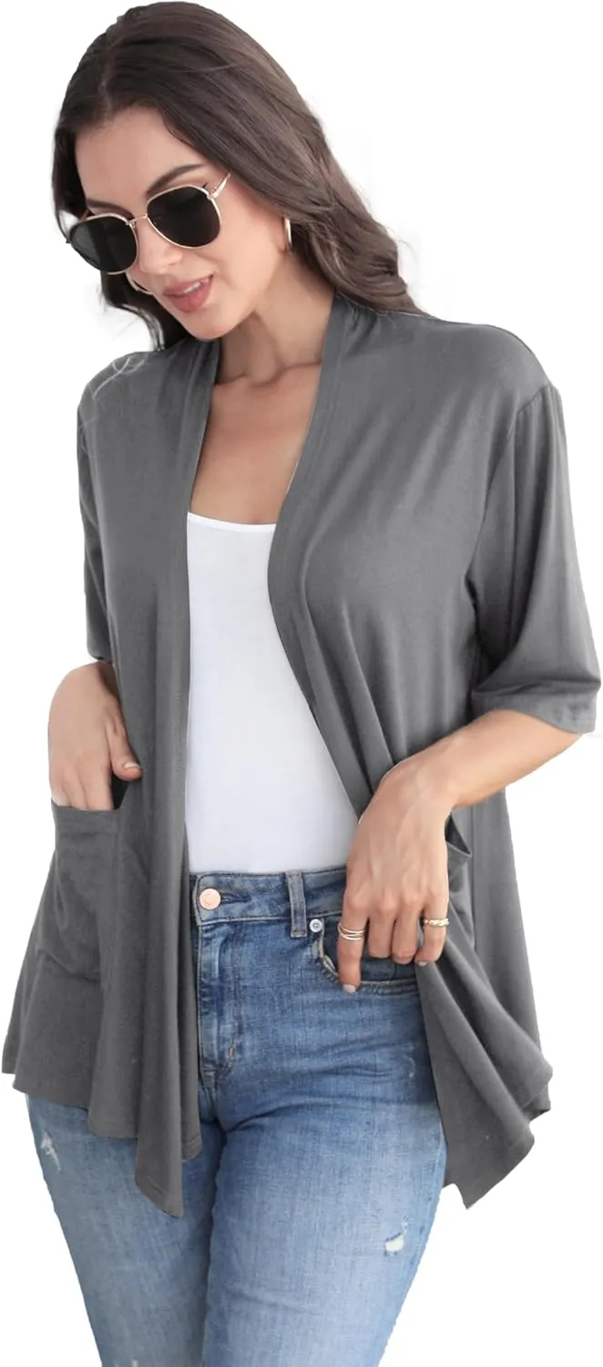 ADANIKI Womens Short Sleeve Open Front Lightweight Casual Comfy Long Line Drape Hem Soft Modal Cardigans Sweater