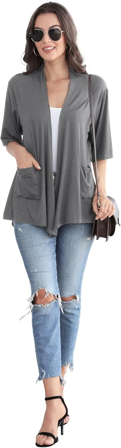 ADANIKI Womens Short Sleeve Open Front Lightweight Casual Comfy Long Line Drape Hem Soft Modal Cardigans Sweater