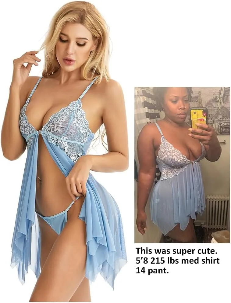 ADOREJOY Lingerie for Women Front Closure Babydoll Lace Chemise V Neck Mesh Sleepwear