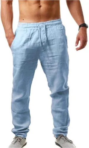 Akklian Linen Pants for Men Summer Casual Elastic Waist Drawstring Beach Pants Lightweight Breathable Straight-Legs Trousers