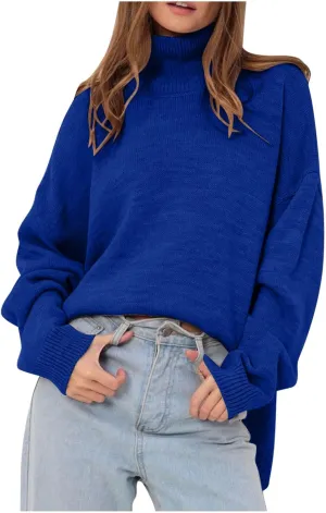 Akklian Women's Oversized Turtleneck Long Sleeve Casual Pullover Soft Knit Tunic Sweater Trendy Crochet Loose Fit Jumper Tops
