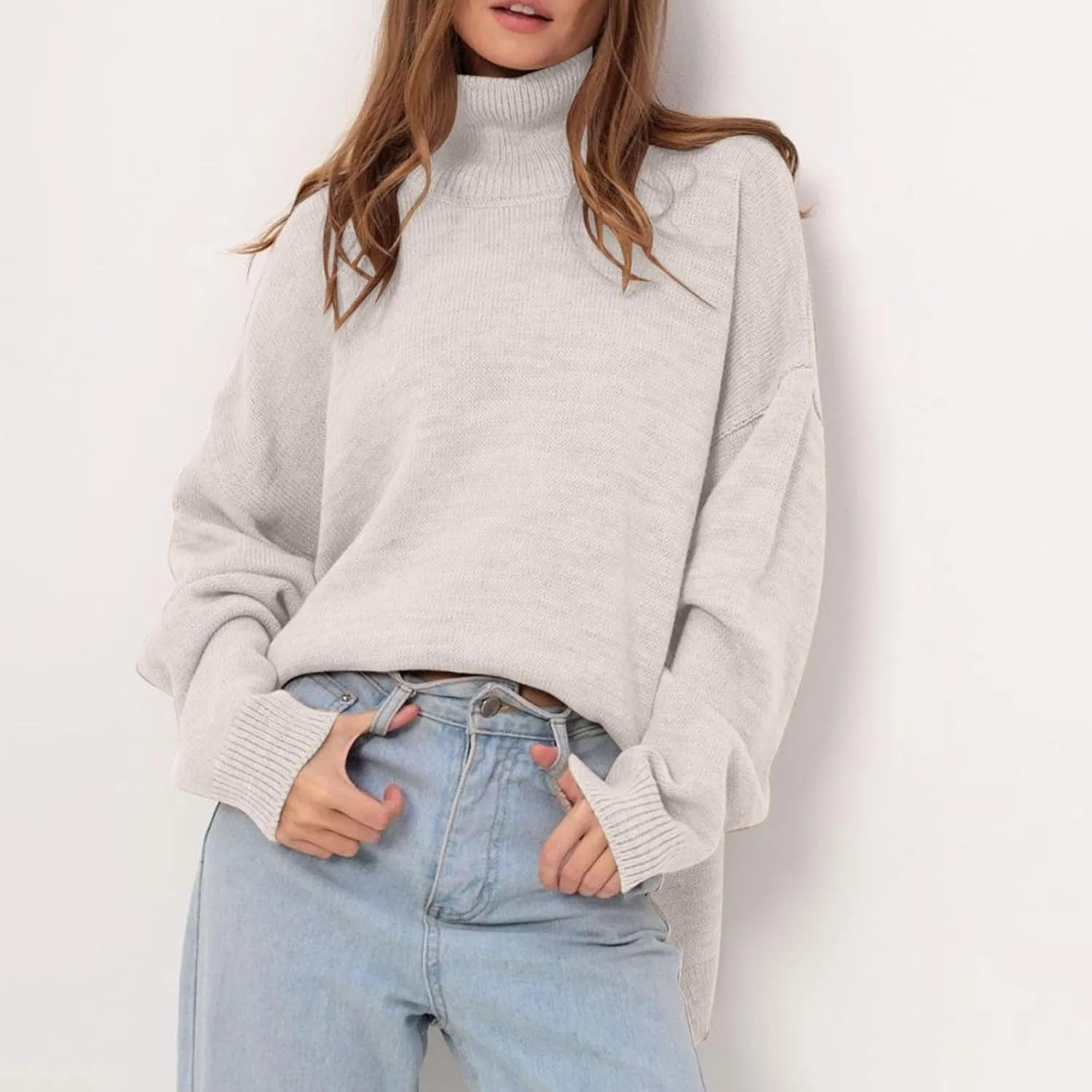 Akklian Women's Oversized Turtleneck Long Sleeve Casual Pullover Soft Knit Tunic Sweater Trendy Crochet Loose Fit Jumper Tops