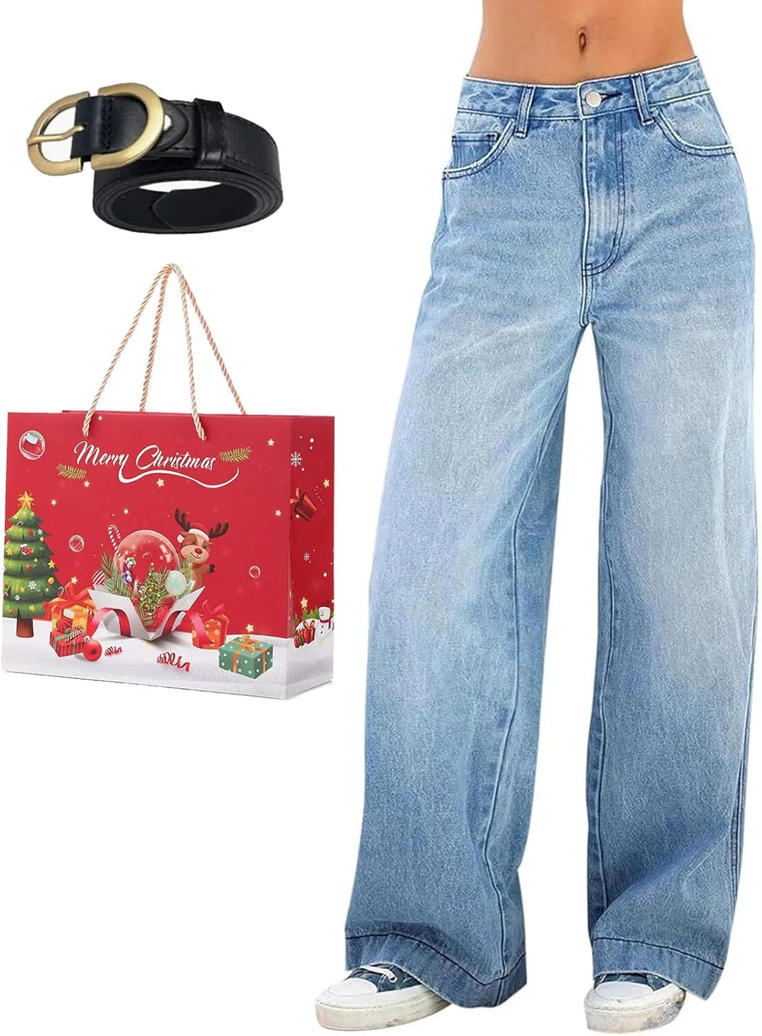 Akoilo Sweatpant Jeans for Women, Women's High Waisted Full-Length Wide Leg Baggy Comfort Jeans