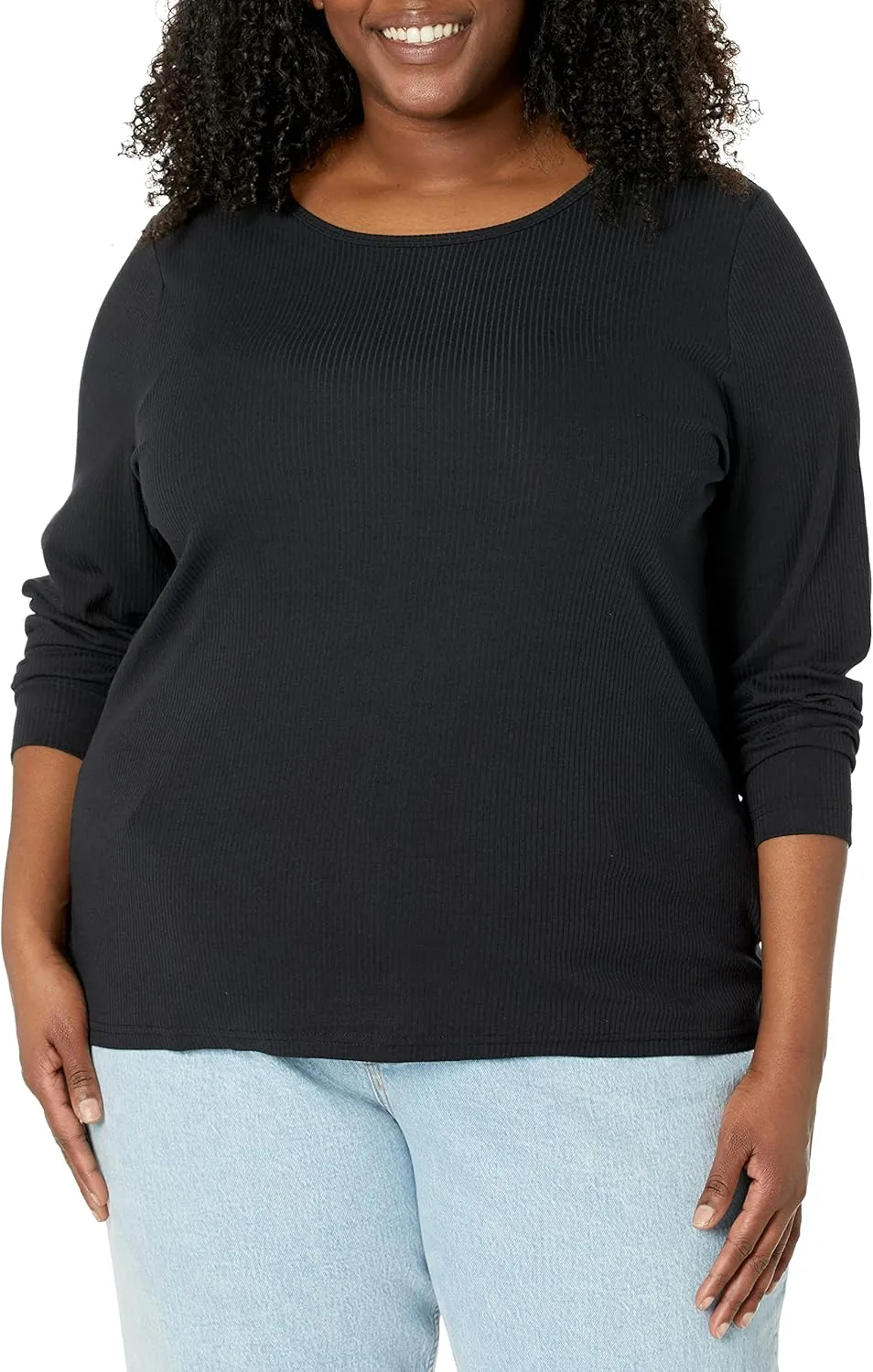 Amazon Essentials Women's Slim-Fit Long Sleeve Rib Knit Crew Neck Top (Available in Plus Size), Pack of 2