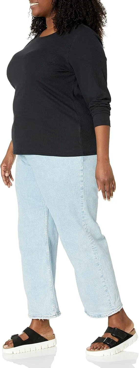 Amazon Essentials Women's Slim-Fit Long Sleeve Rib Knit Crew Neck Top (Available in Plus Size), Pack of 2