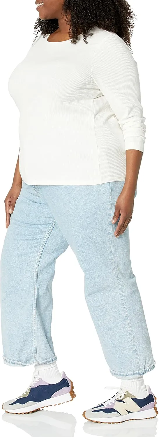 Amazon Essentials Women's Slim-Fit Long Sleeve Rib Knit Crew Neck Top (Available in Plus Size), Pack of 2