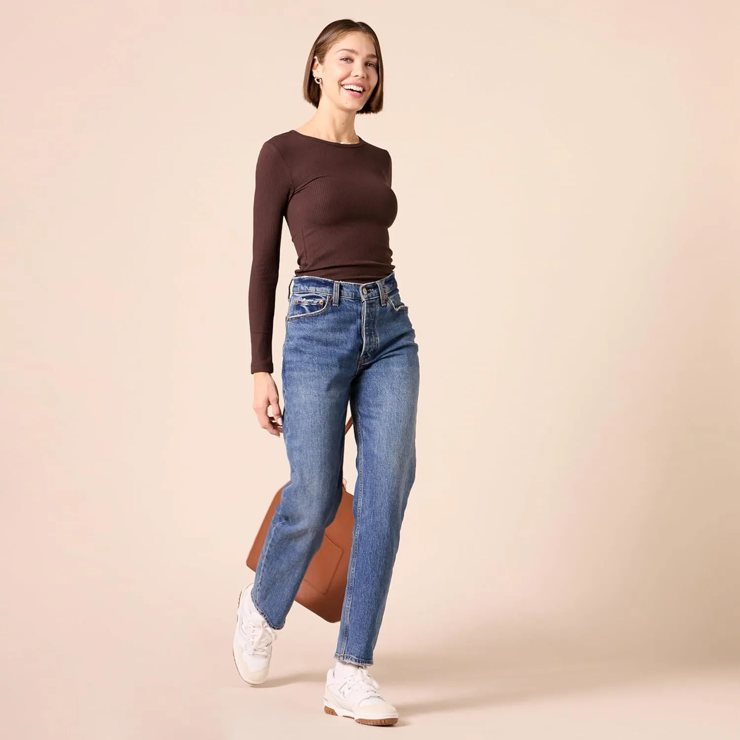 Amazon Essentials Women's Slim-Fit Long Sleeve Rib Knit Crew Neck Top (Available in Plus Size), Pack of 2