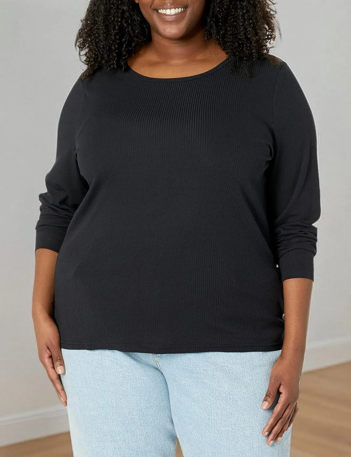 Amazon Essentials Women's Slim-Fit Long Sleeve Rib Knit Crew Neck Top (Available in Plus Size), Pack of 2