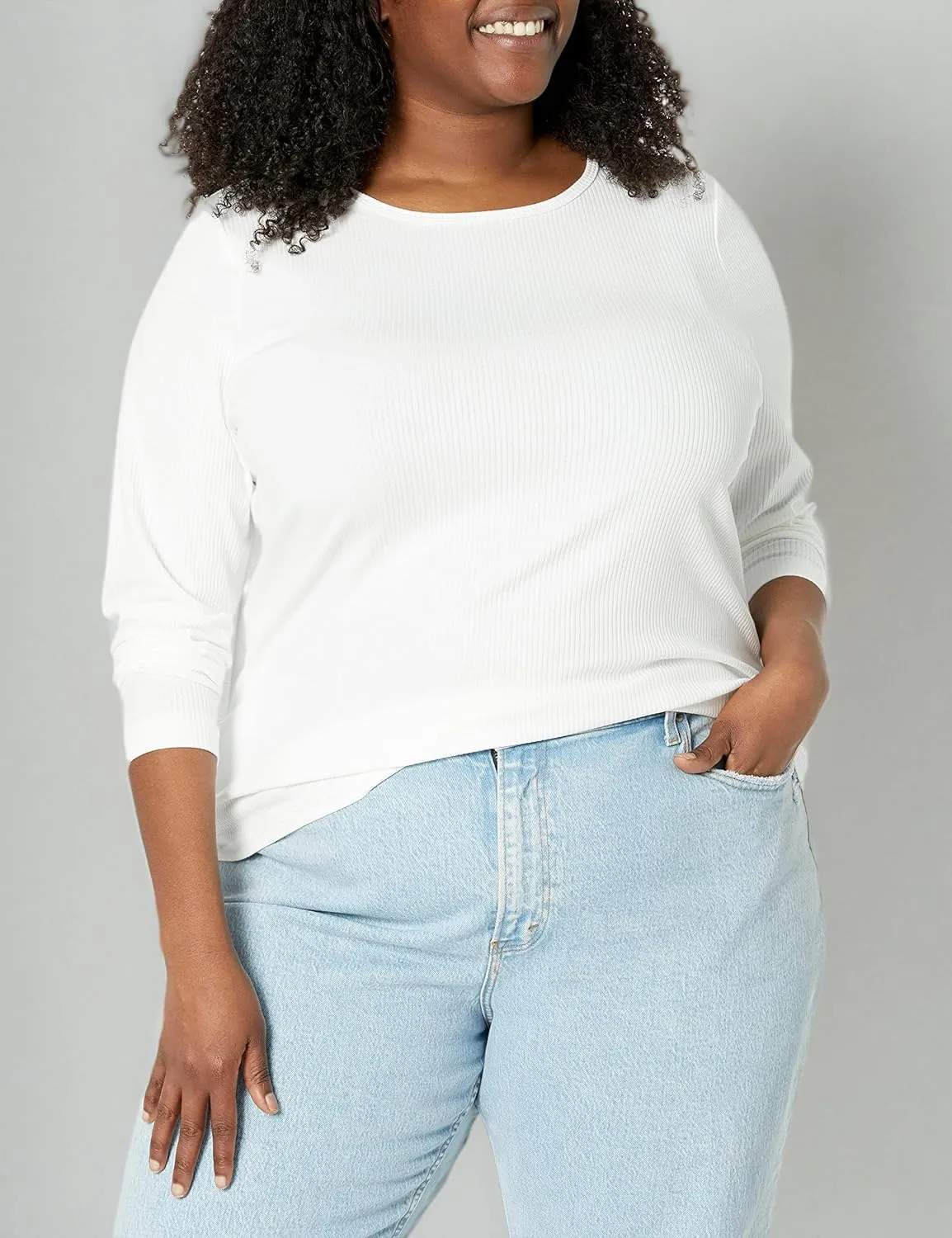Amazon Essentials Women's Slim-Fit Long Sleeve Rib Knit Crew Neck Top (Available in Plus Size), Pack of 2