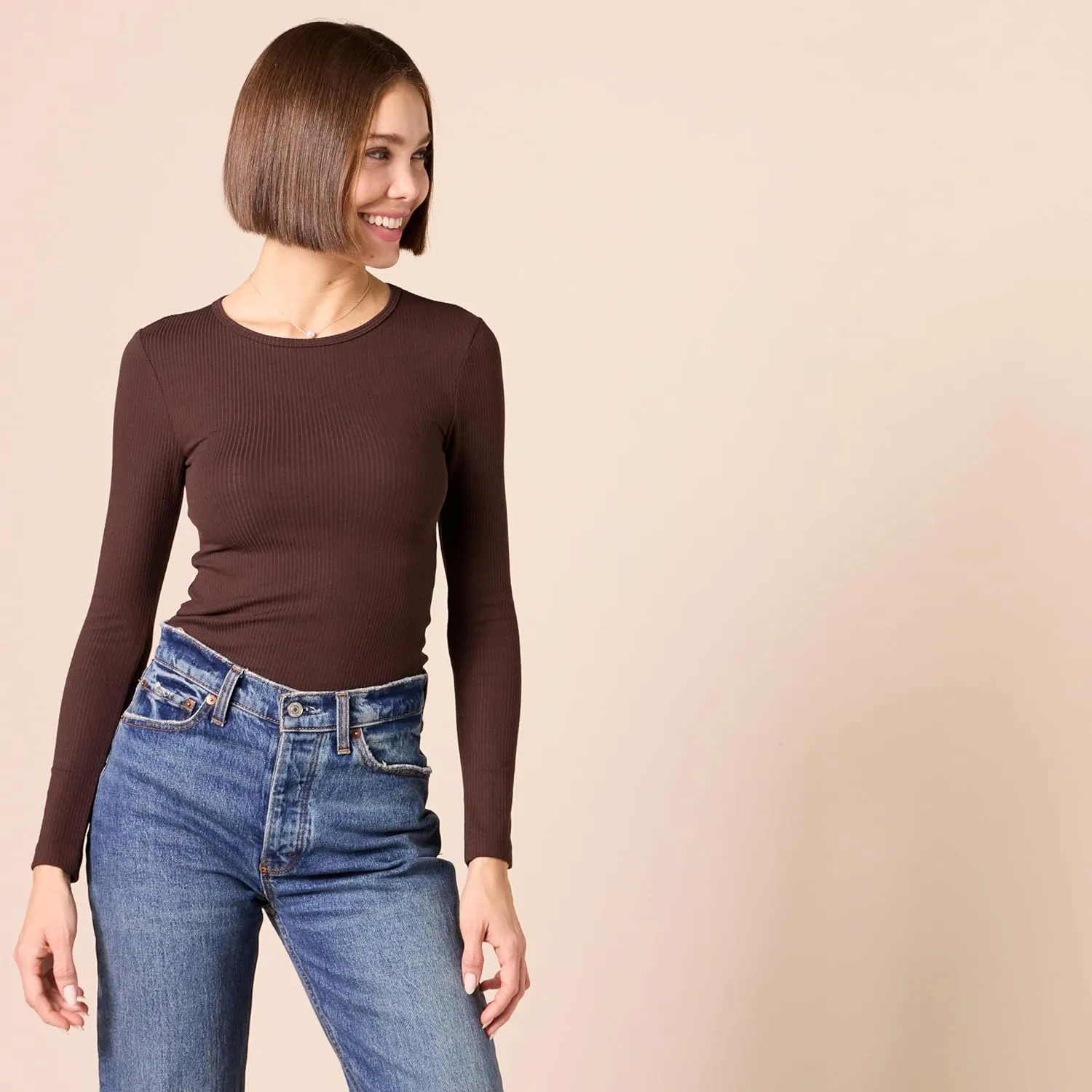 Amazon Essentials Women's Slim-Fit Long Sleeve Rib Knit Crew Neck Top (Available in Plus Size), Pack of 2