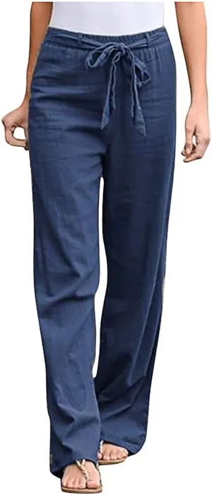 Aniwyn Women's Wide Leg Comfy Pants Casual Loose Cotton Linen High Waisted Cozy Loungewear Yoga Pants with Pockets