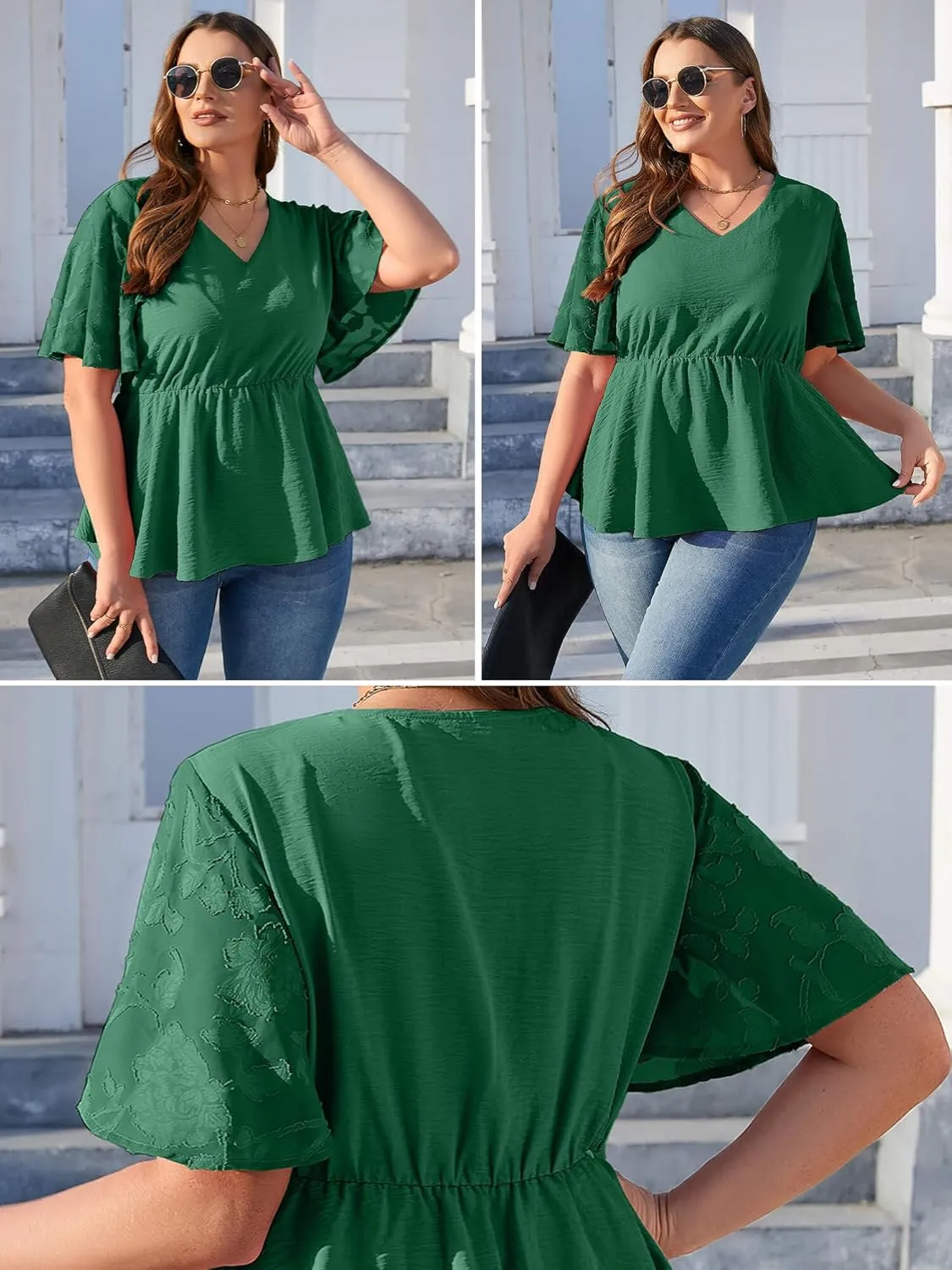 AusLook Plus Size Tunic for Women Double Ruffle Short Sleeve Clothes Loose Fit Clothing Flowy Shirts Summer Tops