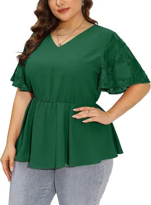 AusLook Plus Size Tunic for Women Double Ruffle Short Sleeve Clothes Loose Fit Clothing Flowy Shirts Summer Tops