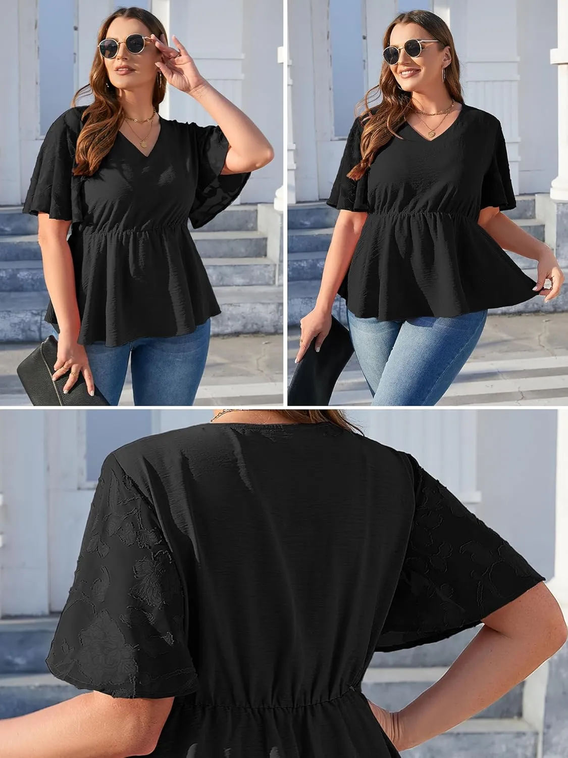 AusLook Plus Size Tunic for Women Double Ruffle Short Sleeve Clothes Loose Fit Clothing Flowy Shirts Summer Tops