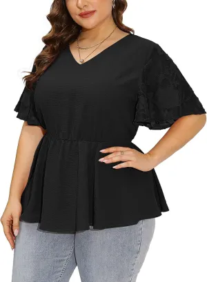 AusLook Plus Size Tunic for Women Double Ruffle Short Sleeve Clothes Loose Fit Clothing Flowy Shirts Summer Tops