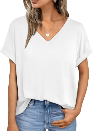 AUTOMET Women's Oversized V Neck Tshirts Casual Basic Short Sleeve Summer Tops Loose Fit 2025 Plain Tee Shirts