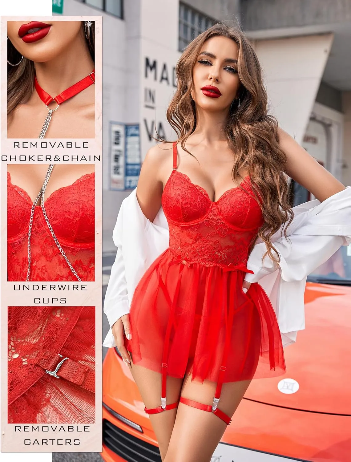 Avidlove Lingerie for Women Lace Babydoll Underwire Lingerie Set with Garter and Chain Sexy Sleepwear