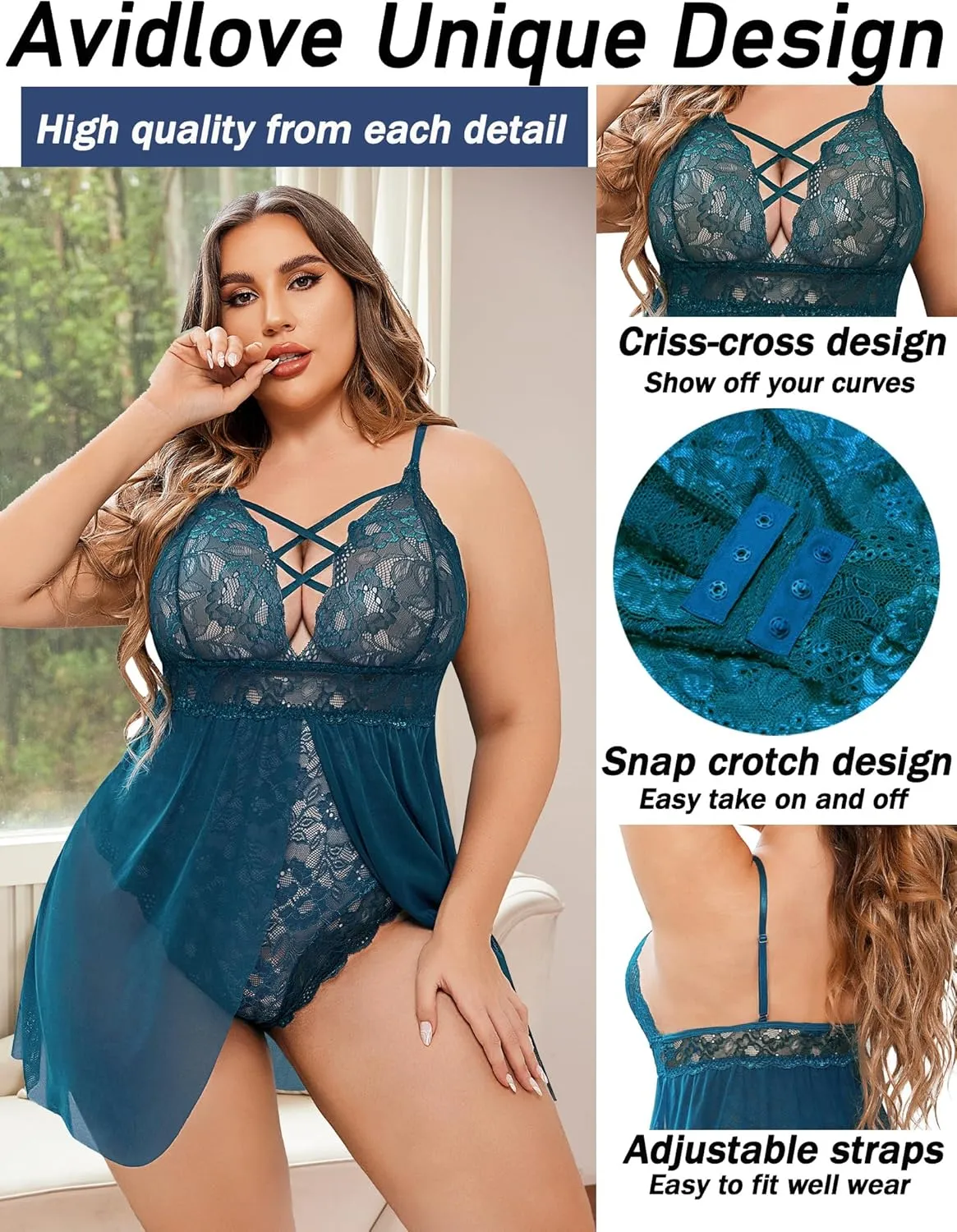 Avidlove Plus Size Babydoll Womens Snap Crotch Lingerie V Neck Lace Nighty Sleepwear L-5XL
