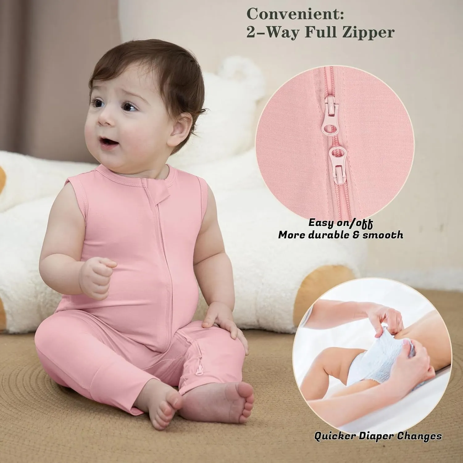 Baby Pajamas Summer Sleeveless 2 Way Zipper Footless Rompers 0-24 Months