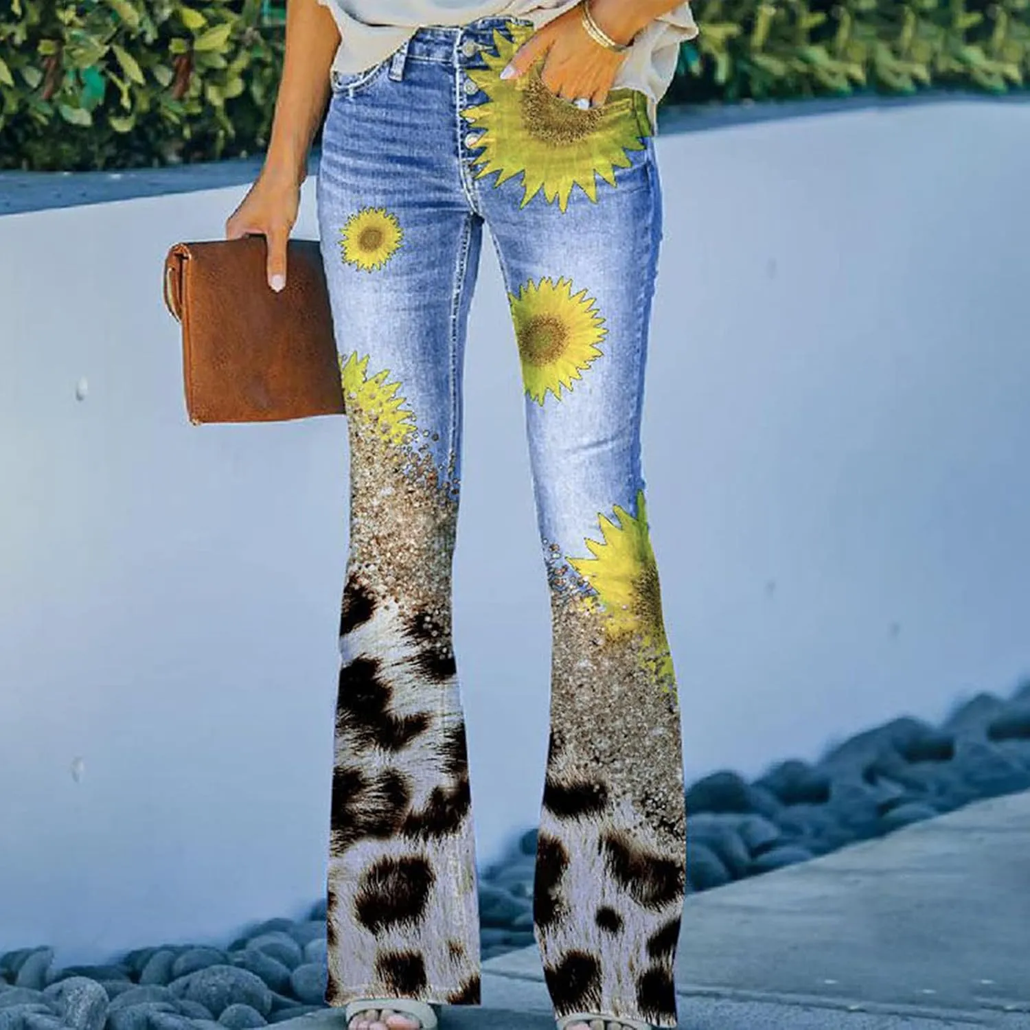 Bell Bottom Jeans Trendy High Waisted Stretchy Flare Jeans Casual Button Stretch Wide Leg Denim Pants