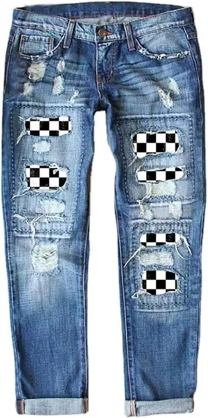 Bengbobar Ripped Jeans Womens Plaid Patch Boyfriend Skinny Distressed Jeans Straight Leg Pants Stretch Denim Jeans with Hole