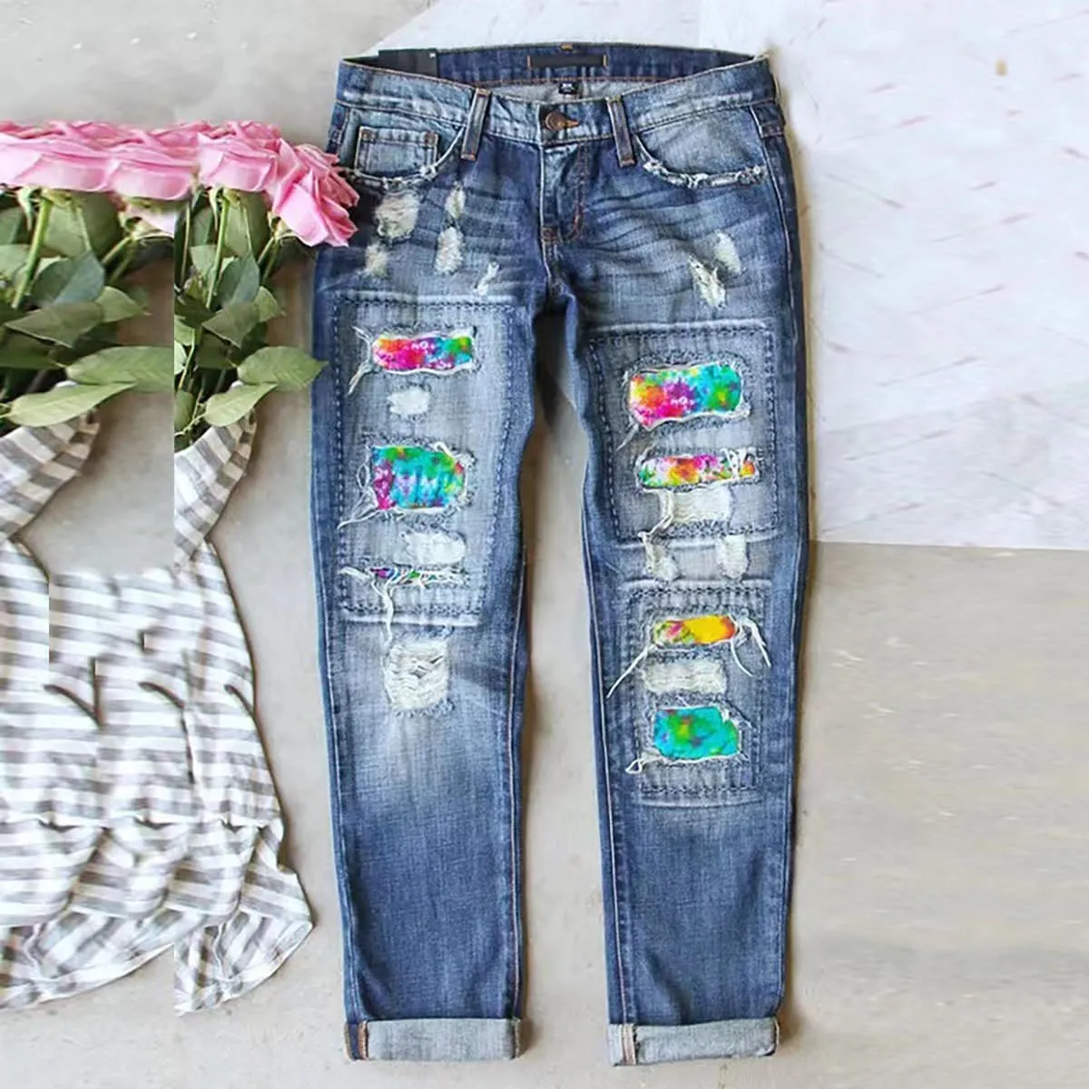 Bengbobar Ripped Jeans Womens Plaid Patch Boyfriend Skinny Distressed Jeans Straight Leg Pants Stretch Denim Jeans with Hole