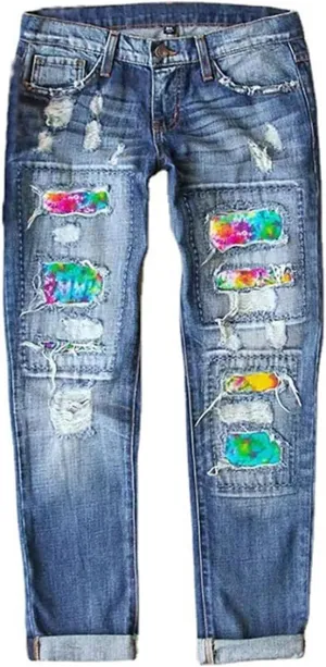 Bengbobar Ripped Jeans Womens Plaid Patch Boyfriend Skinny Distressed Jeans Straight Leg Pants Stretch Denim Jeans with Hole