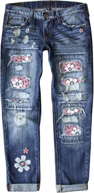 Bengbobar Ripped Jeans Womens Plaid Patch Boyfriend Skinny Distressed Jeans Straight Leg Pants Stretch Denim Jeans with Hole