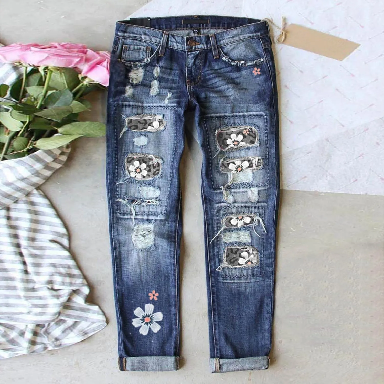 Bengbobar Ripped Jeans Womens Plaid Patch Boyfriend Skinny Distressed Jeans Straight Leg Pants Stretch Denim Jeans with Hole