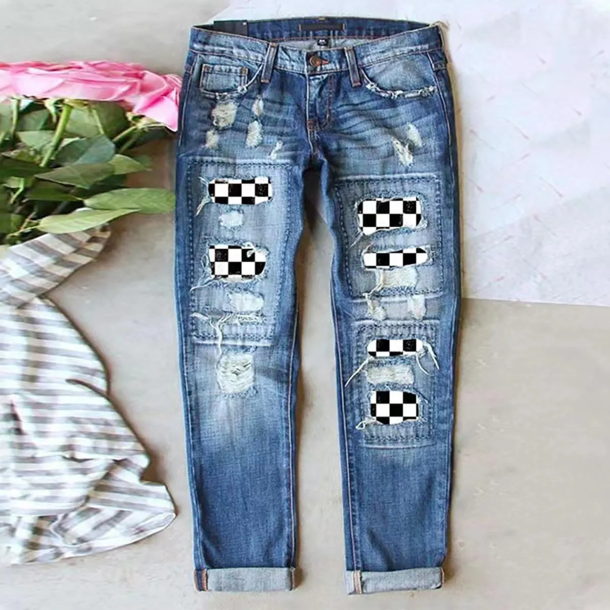 Bengbobar Ripped Jeans Womens Plaid Patch Boyfriend Skinny Distressed Jeans Straight Leg Pants Stretch Denim Jeans with Hole