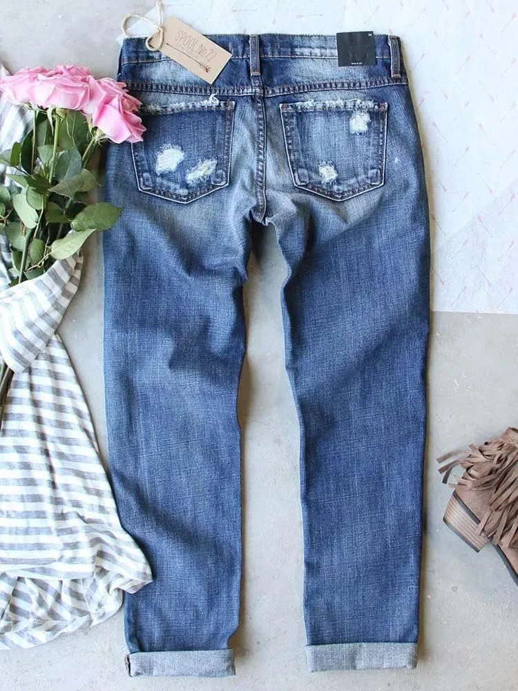 Bengbobar Ripped Jeans Womens Plaid Patch Boyfriend Skinny Distressed Jeans Straight Leg Pants Stretch Denim Jeans with Hole