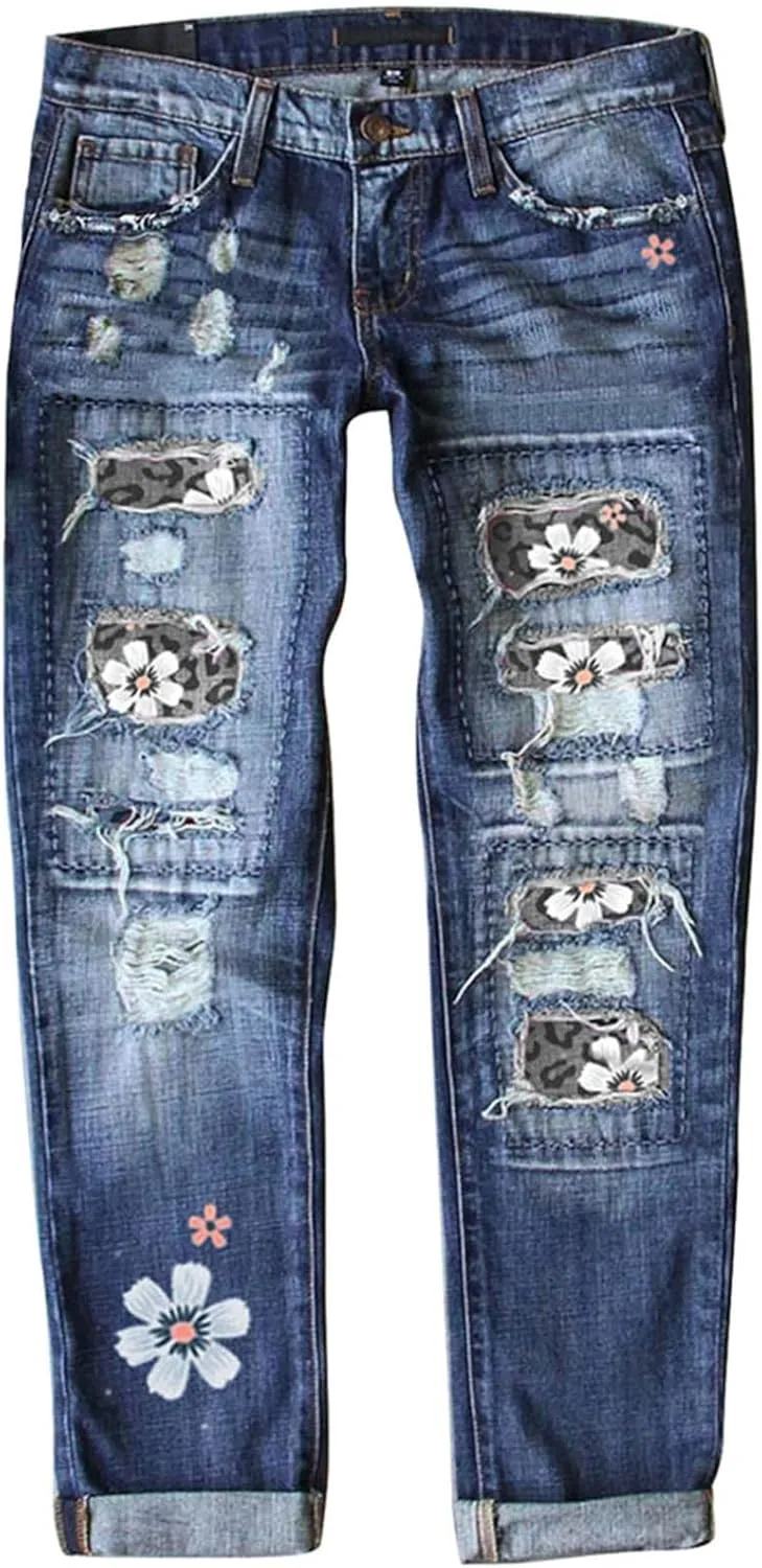 Bengbobar Ripped Jeans Womens Plaid Patch Boyfriend Skinny Distressed Jeans Straight Leg Pants Stretch Denim Jeans with Hole