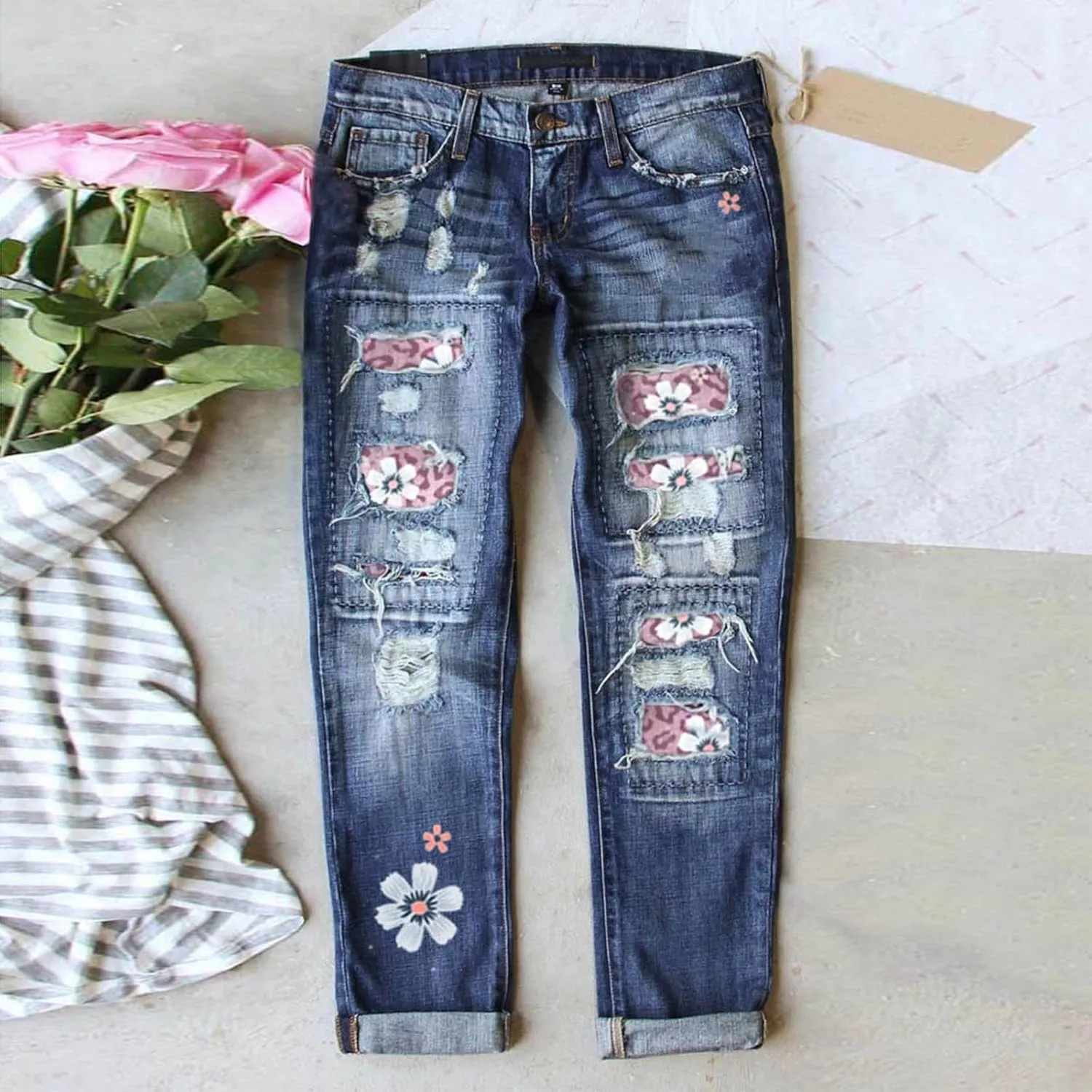 Bengbobar Ripped Jeans Womens Plaid Patch Boyfriend Skinny Distressed Jeans Straight Leg Pants Stretch Denim Jeans with Hole