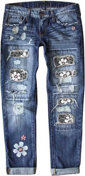Bengbobar Ripped Jeans Womens Plaid Patch Boyfriend Skinny Distressed Jeans Straight Leg Pants Stretch Denim Jeans with Hole