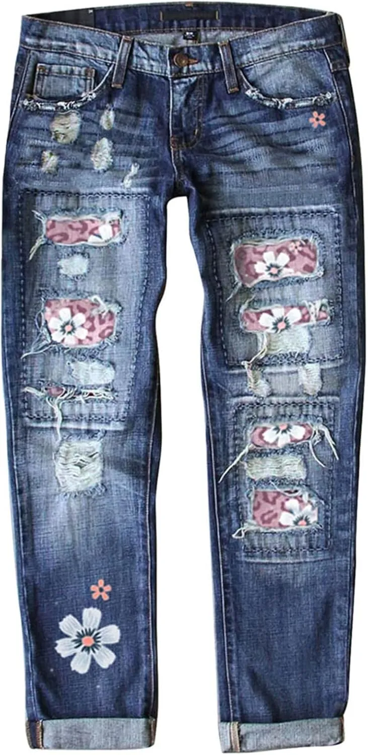 Bengbobar Ripped Jeans Womens Plaid Patch Boyfriend Skinny Distressed Jeans Straight Leg Pants Stretch Denim Jeans with Hole