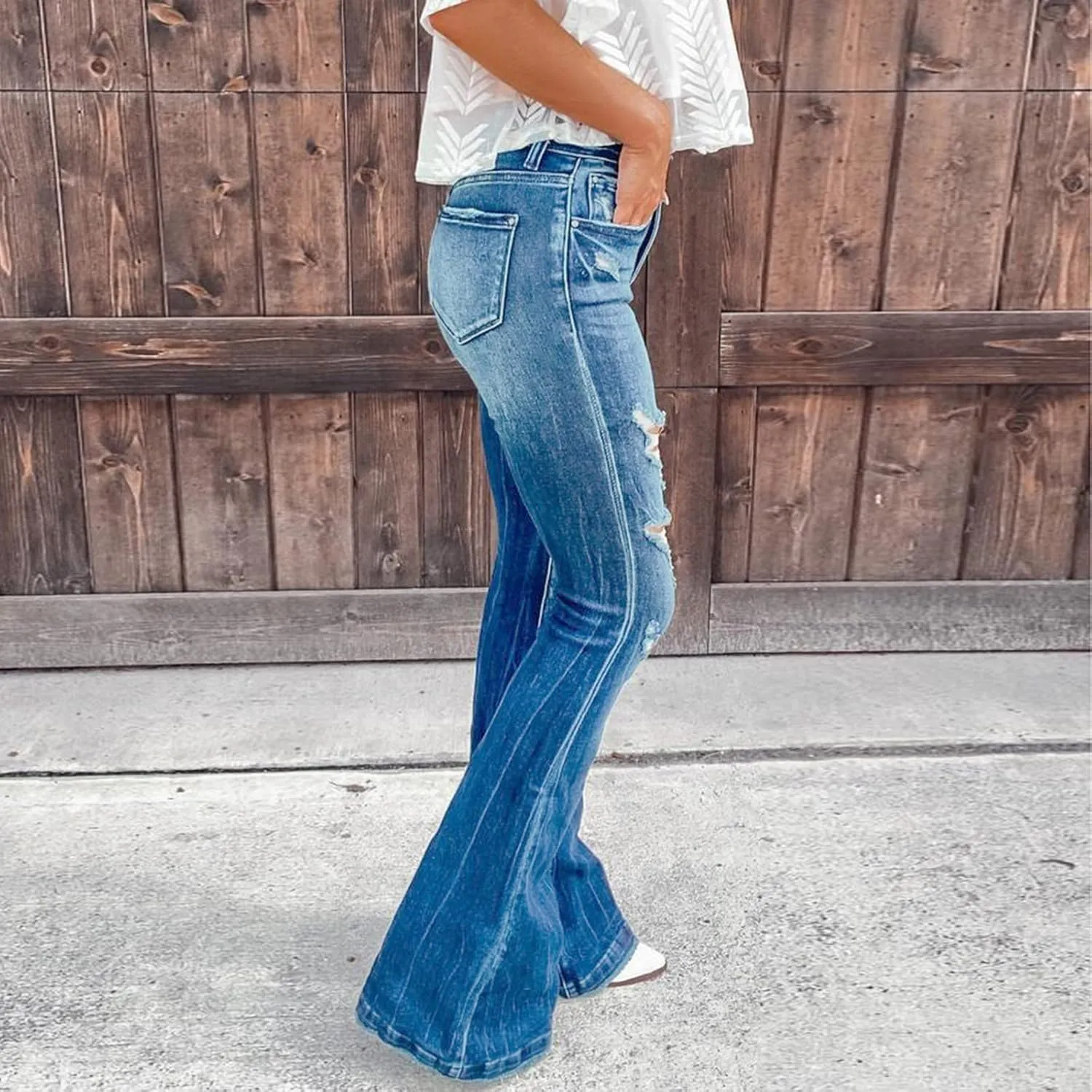 Boot Cut Jeans for Women Petite Low Rise Jeans Ripped Denim Ladies Pull On Stretch Flare Jeans Bell Bottom Jeans
