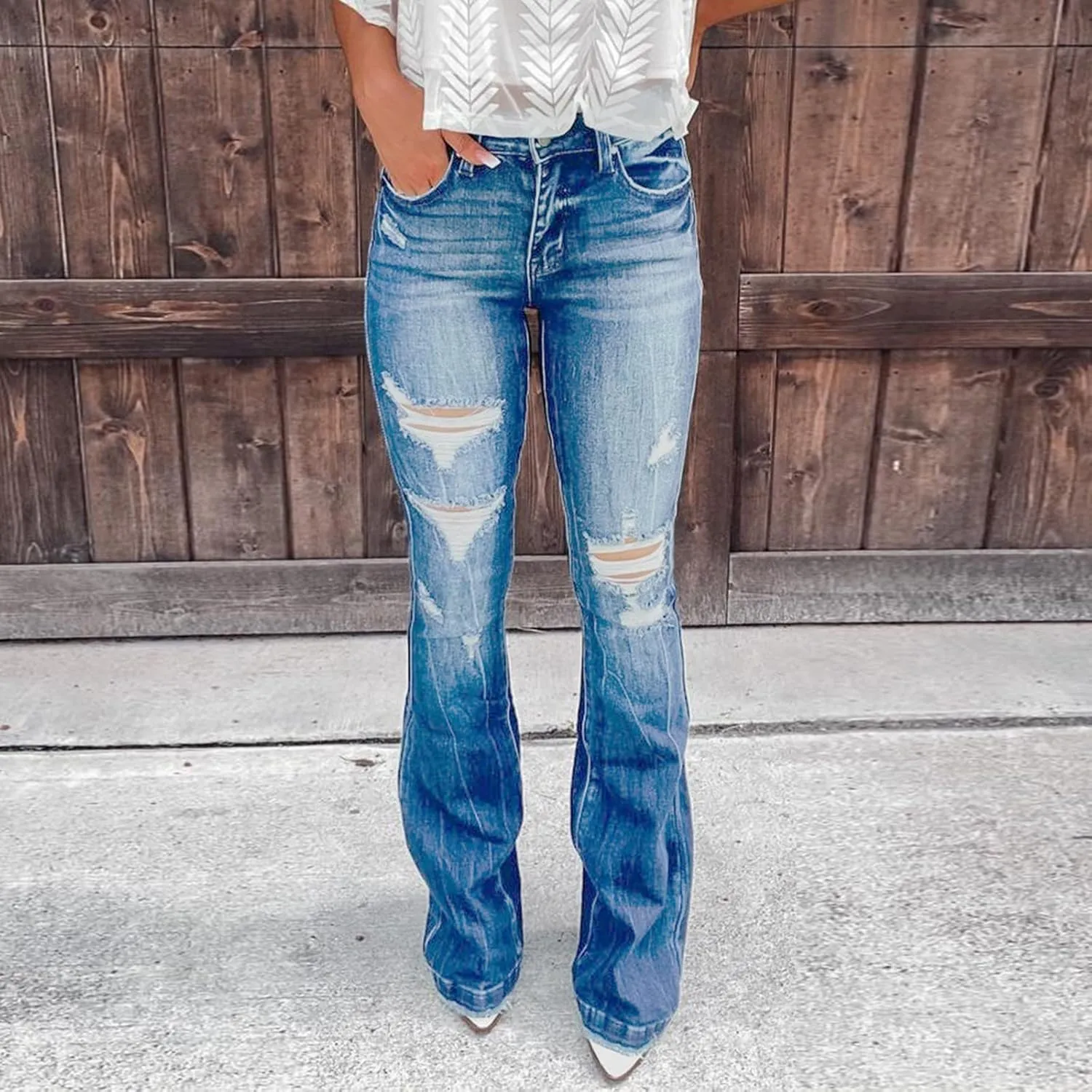 Boot Cut Jeans for Women Petite Low Rise Jeans Ripped Denim Ladies Pull On Stretch Flare Jeans Bell Bottom Jeans