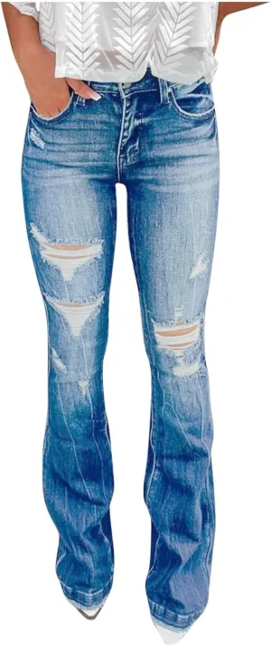 Boot Cut Jeans for Women Petite Low Rise Jeans Ripped Denim Ladies Pull On Stretch Flare Jeans Bell Bottom Jeans